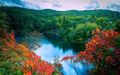 Autumn Forest Lake Trees Waterfalls Landscape Wallpaper Nature And