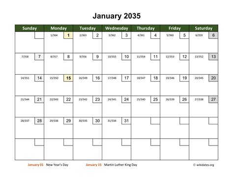 January 2035 Calendar With Day Numbers