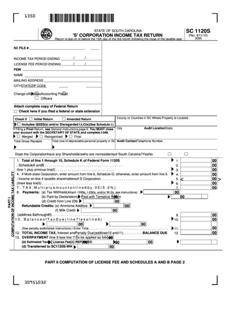 Form Sc 1120s S Corporation Income Tax Return Printable Pdf Download