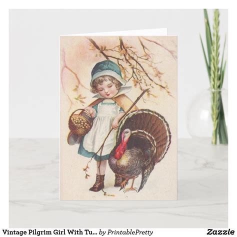 Vintage Pilgrim Girl With Turkey Thanksgiving Holiday Card Holiday Design Card