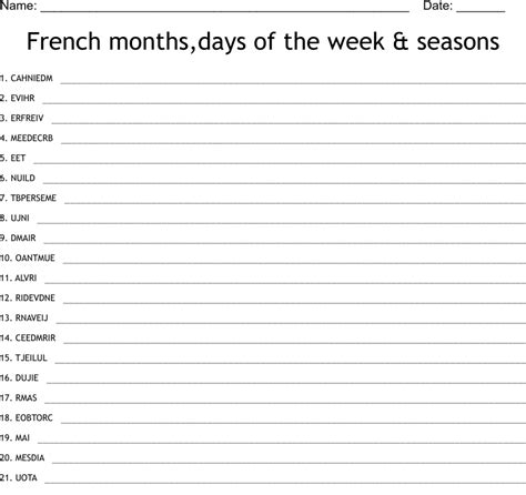 French Months And Days Word Search Wordmint