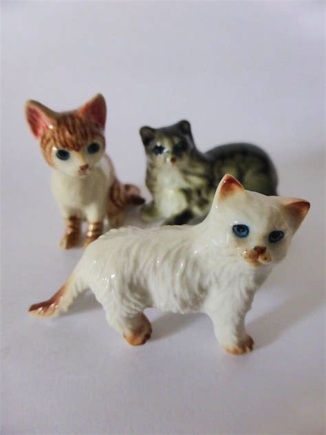 Trio Of Miniature Cat Figurines Hand Painted Kitsch Cats Mid Century
