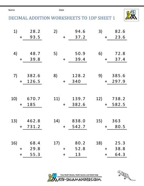 Addition Of Decimal Numbers Worksheets
