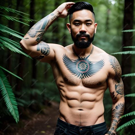 Premium Ai Image Shirtless Muscle Asian Guy With Beard And Tattoos