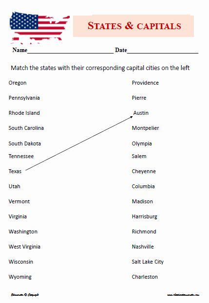 Matching States And Capitals Worksheet