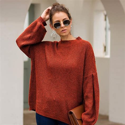 autumn winter elegant white loose knitted women sweater lantern sleeve pullovers sweet red