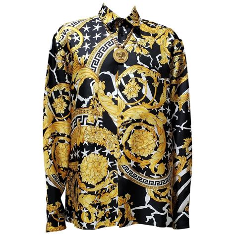 New Versace Gold Black Baroque Printed 100 Silk Shirt It 60 5xl For