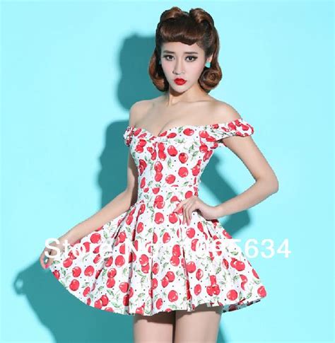 Free Shipping Off Shoulder 50s Rockabilly Pin Up Style Cherry Summer