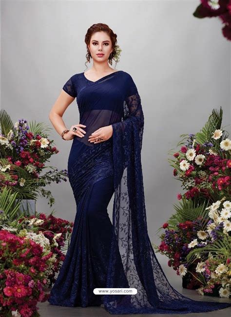 navy blue georgette designer embroidered party wear saree party wear sarees saree designs