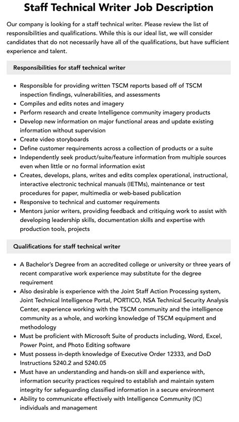 Staff Technical Writer Job Description Velvet Jobs