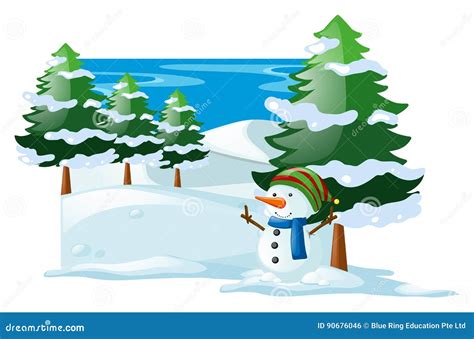 Winter Scene With Snowman In The Snow Field Stock Vector Illustration