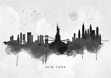 New York City Skyline Black And White Watercolour Abstract Art Print