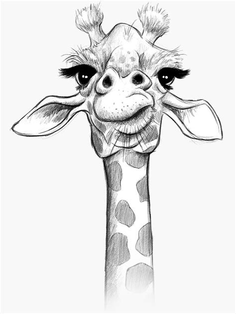A Black And White Drawing Of A Giraffe S Head With Big Eyes