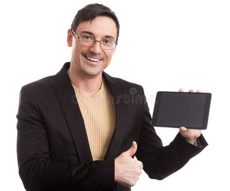 Businessman Holding Touch Screen Tablet Pc Stock Photo Image Of