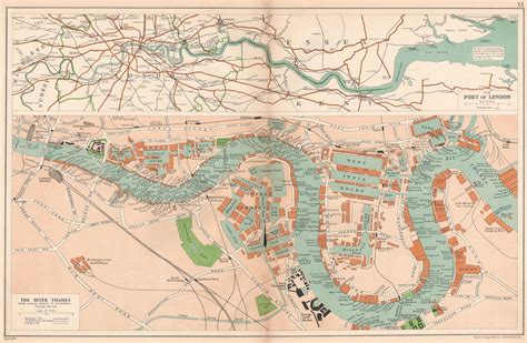 The Port Of London Showing Wharves And Docks Thames Vintage Map Bacon 1927