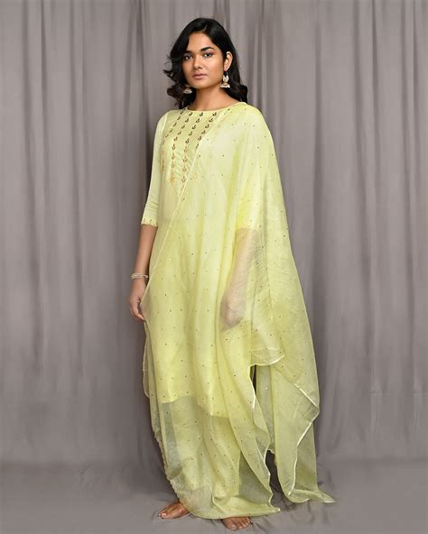 Lemon Yellow Embroidered Kurta With Pants And Scalloped Dupatta Set