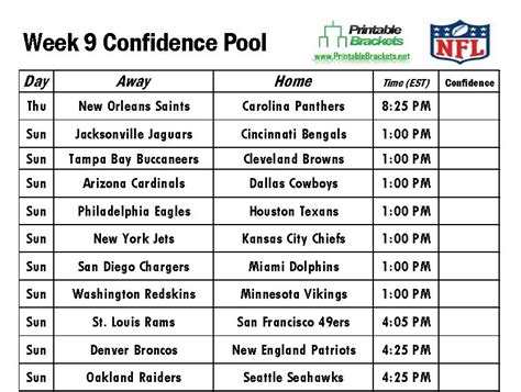 Nfl Confidence Pool Week 9 Football Confidence Pool Week 9