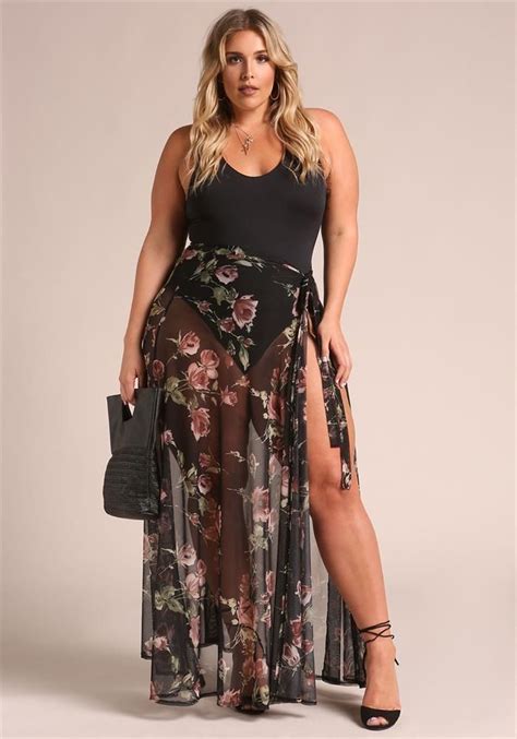 Plus Size Clothing Plus Size Floral Cover Up Mesh Maxi Skirt