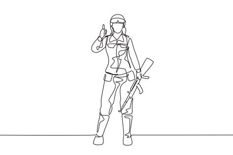 Single Continuous Line Drawing Woman Soldiers Stand With Weapons