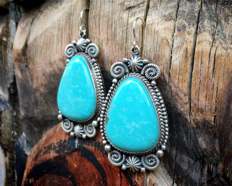 Large Blue Turquoise Dangle Earrings By Navajo Michael Rose