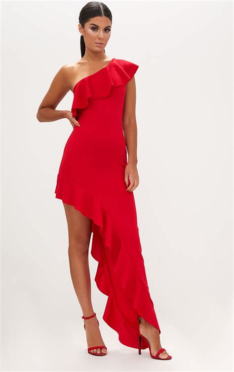 Red One Shoulder Ruffle Detail Asymmetric Maxi Dress Dresses