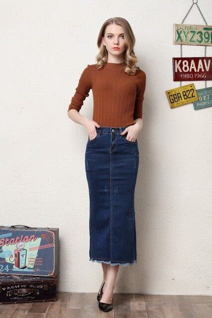Jeans Skirt Midi Calf A Line Solid Long Blue Denim Skirt Summer Sexy Slim Bodycon Split Feminina