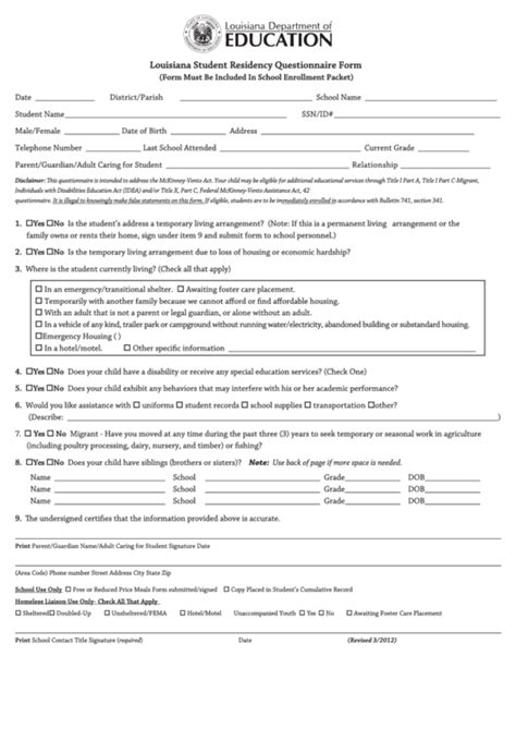 Louisiana Student Residency Questionnaire Form Louisiana Department