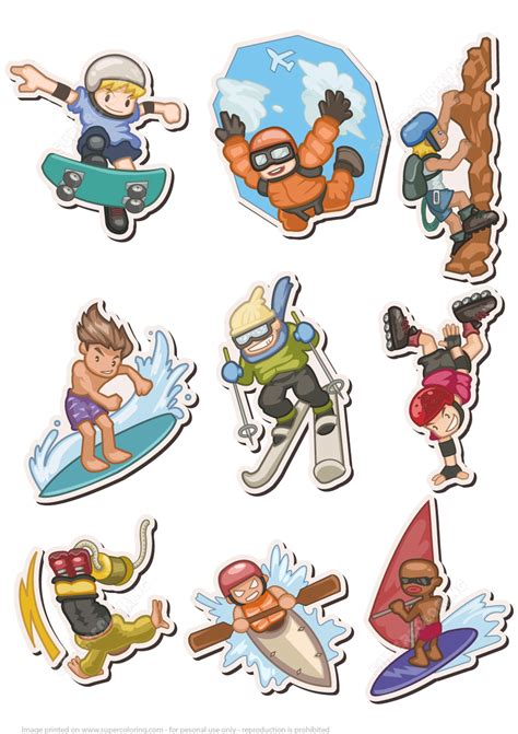 Printable Outdoor Stickers Skateboarding Rafting Skiing Parachuting