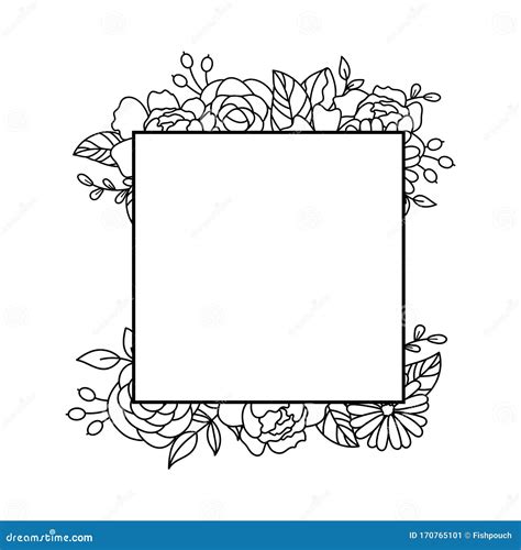 Square Floral Frame With Roses Black And White Vector Image