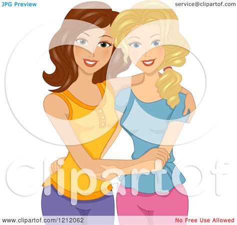 cartoon of brunette and blond caucasian women embracing royalty free vector clipart by bnp