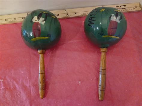 Vintage Hand Painted Maracas From The Bahamas Ladies With Fruit