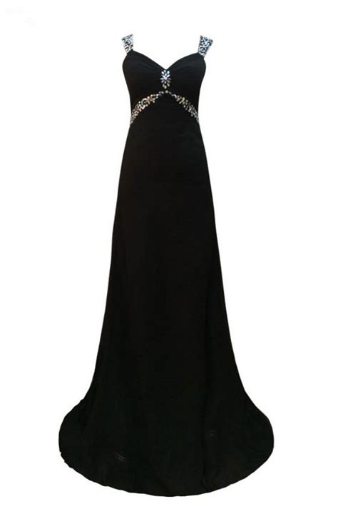 luxury long a line black chiffon evening dresses beaded top backless straps prom party gown