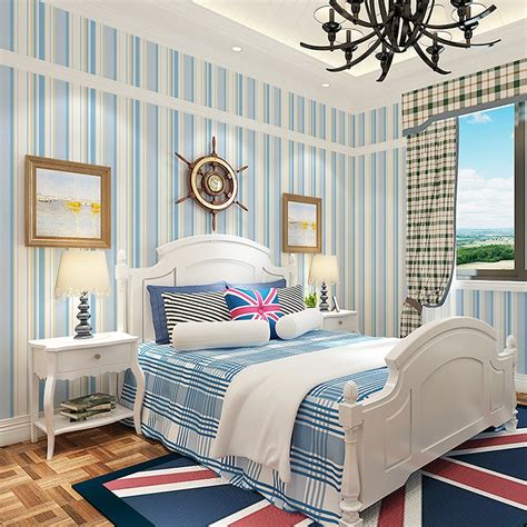 Beibehang Mediterranean Blue Vertical Striped Wallpaper Living Room