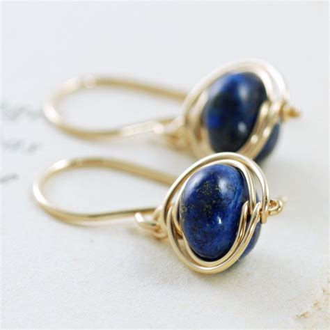 Navy Blue Lapis Lazuli Earrings 14k Gold Fill Dangle Earrings Wire