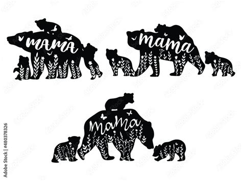 Set Of Mama Bear And Baby Bears Collection Of Silhouette Mother Bear