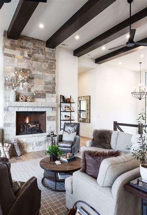 Rustic Living Room With Dark Exposed Wood Beams Stone Fireplace Artofit
