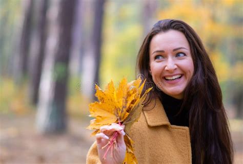 Pretty Young Woman Walking In Autumn Park Leaves Fall Relax Leisure