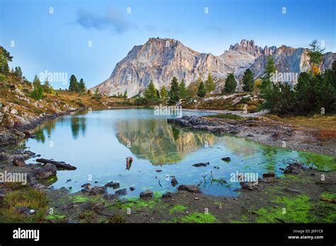View Of The Limides Lake And Mount Lagazuoi Dolomites Italy Stock