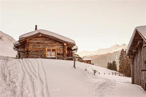 Switzerland Winter Snow Mountains Log Cabin Cottage House Barn