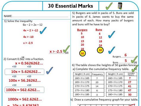 30 Essential Marks Pack 1 Revision Sheets For Higher Tier Gcse