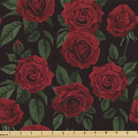 Rose Fabric By The Yard Valentines Day Retro Style Petals With Leaves