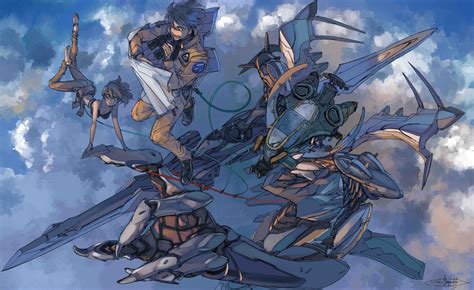 Wallpaper Iconic Field Clouds Mech Anime Boys Anime Girls Flying