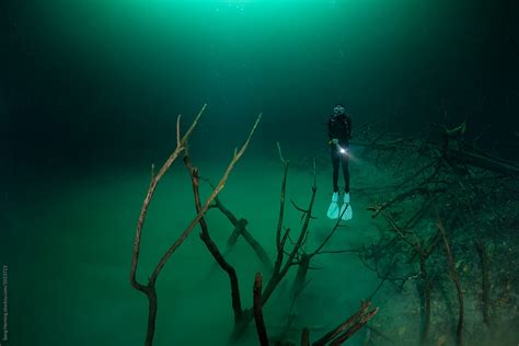 A Scuba Diver Floating In Mexicos Cenote Angelita By Song Heming