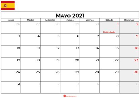 Calendario Mayo 2021 España 🇪🇸 Para Imprimir