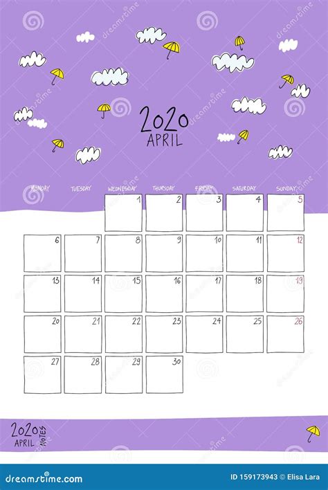 April 2020 Doodle Wall Calendar Stock Vector Illustration Of Cute