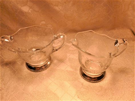 Vintage Etched Floral Creamer And Matching Sugar Bowl With Sterling
