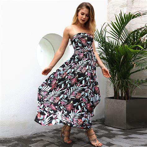 Strapless Off Shoulder Printed Long Maxi Boho Beach Dress Women Summer Casual Loose Dresses Plus