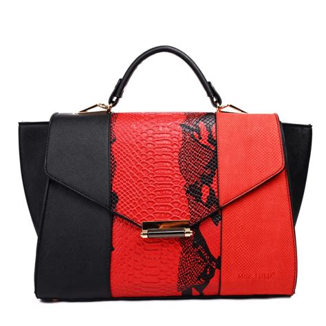 L1606 Miss Lulu Leather Look Classic Snakeskin Handbag Red