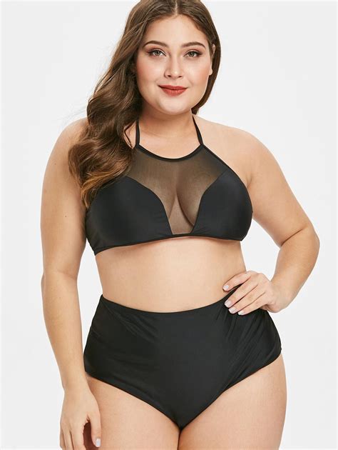 [32 off] 2021 plus size mesh panel halter bikini set in black dresslily