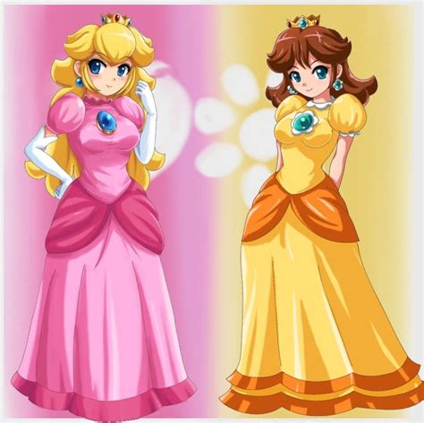 safebooru 2girls blush cleavage crown dress long dress nintendo princess daisy princess peach